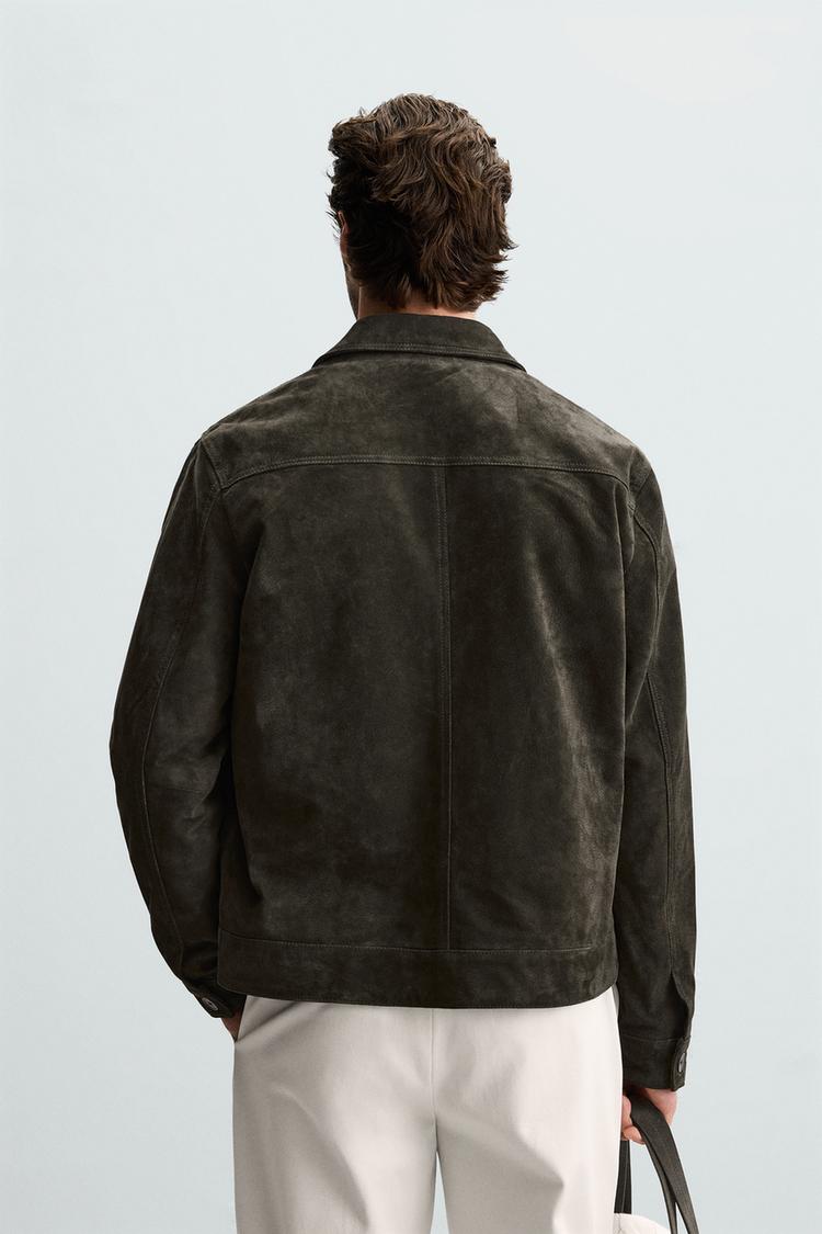 Men's Real Suede Long Sleeves Polyester Lining Green Jacket