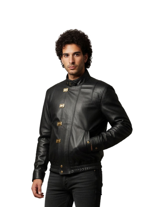 Man wearing a black leather jacket with gold buttons on a white background