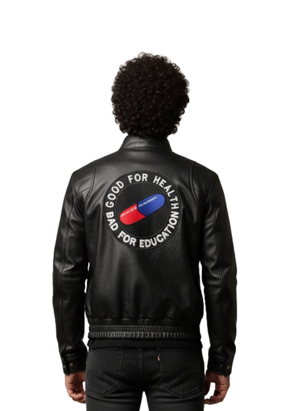 Black leather jacket with a graphic design on the back, featuring a red and blue pill symbol and text.