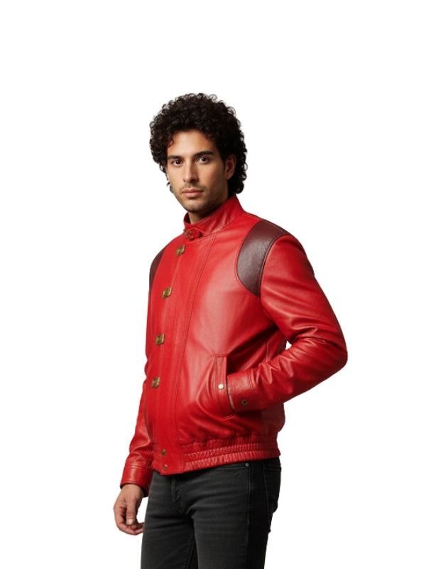 Man wearing a red leather jacket on a white background