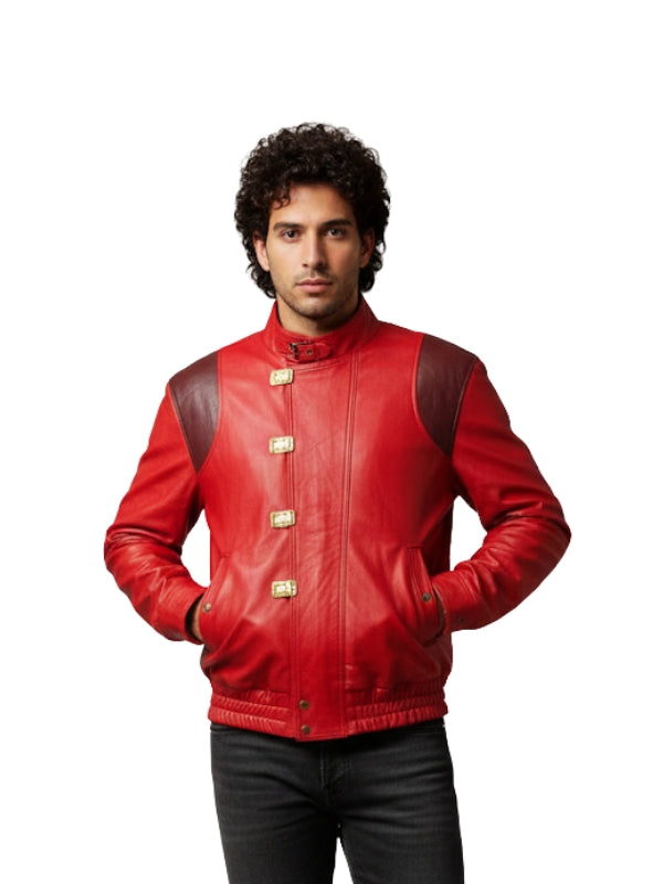 Man wearing a red leather jacket with gold buttons on a white background