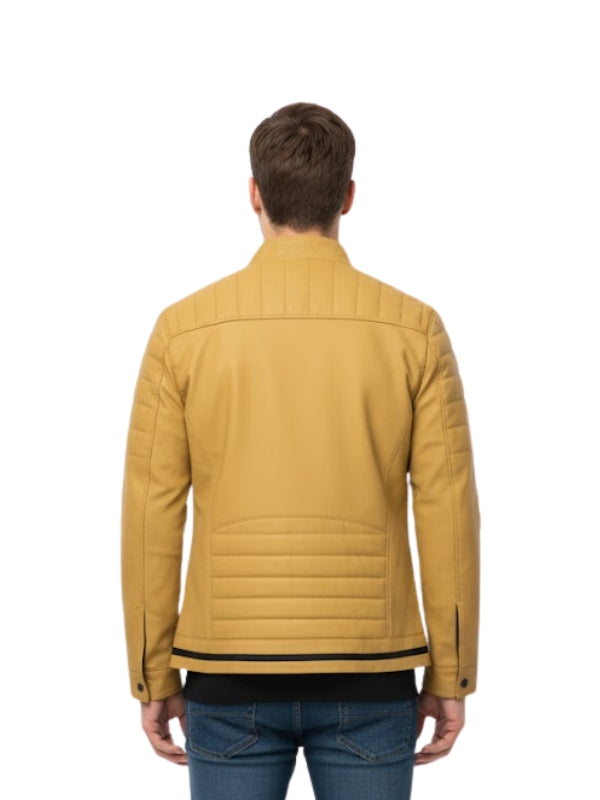Person wearing a mustard yellow jacket on a white background