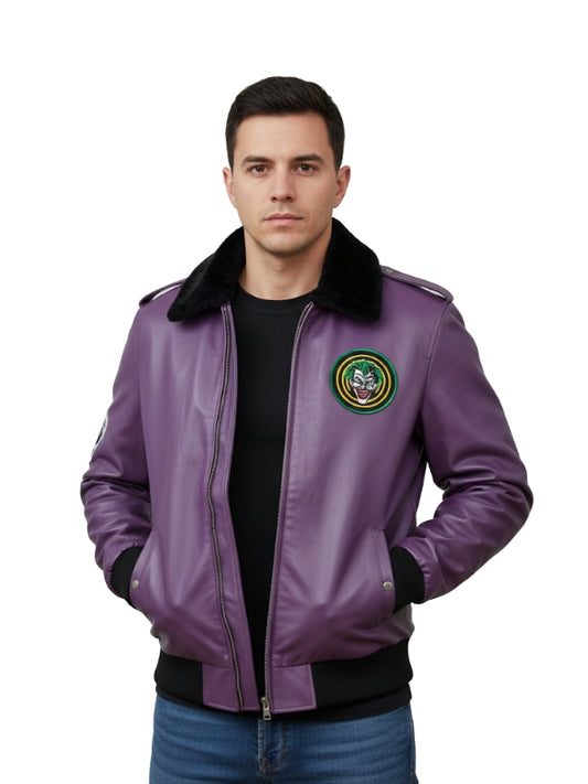Man wearing a purple leather jacket with a patch on a white background