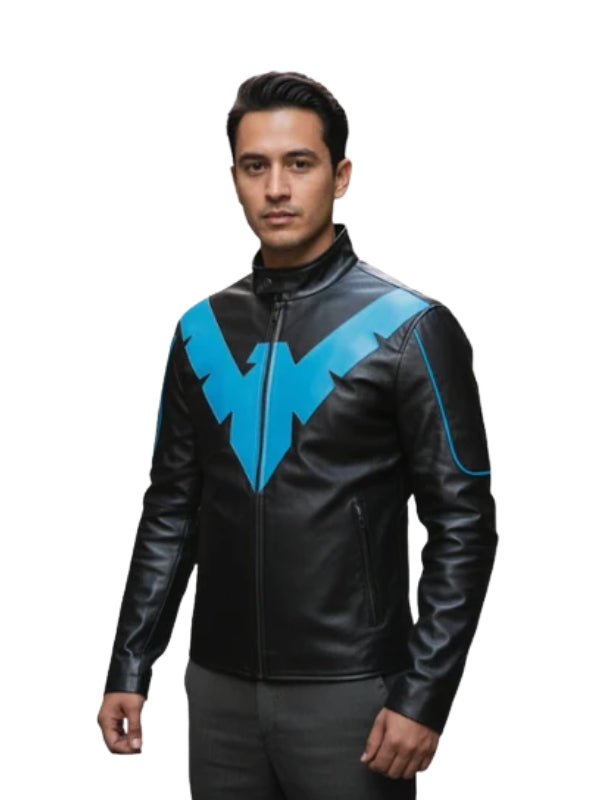 Man wearing a black leather jacket with a blue logo on a white background