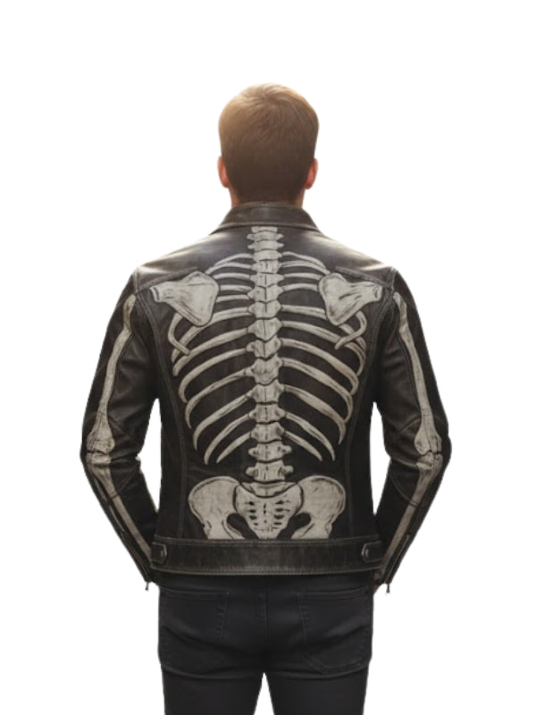 Skeleton Design Vintage Punk Leather Biker Jacket
