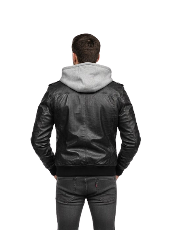 Black Leather Jacket With Removable Hood For Mens