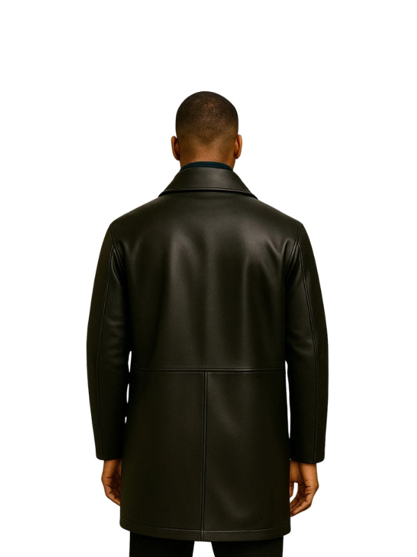 Black Slim Fit Men's Black Leather Trench Coat