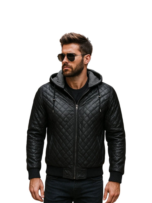 Black hooded bomber Quilted Leather Jacket