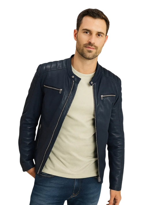 Blue Silvano Biker Leather Jacket