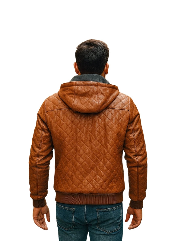 Bomber Style Quilted Leather Jacket Tan Brown