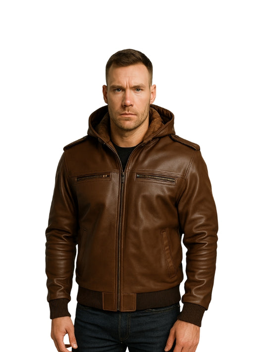 Bouncer Biz Brown Leather Bomber Jacket