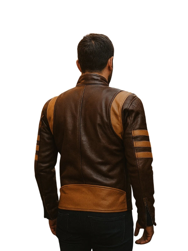 Brown leather jacket with striped arm panels on a white background