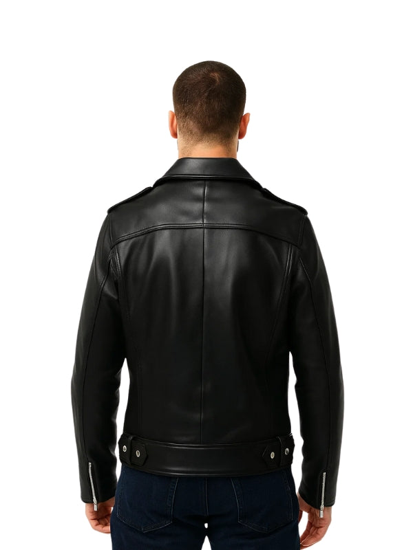 Man wearing a black leather jacket on a white background