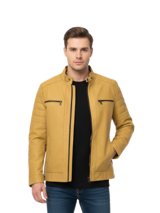 Man wearing a mustard yellow jacket on a white background