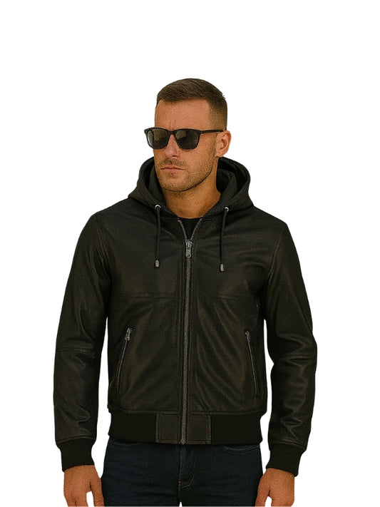 Classic Black Hooded Bomber Leather Jacket