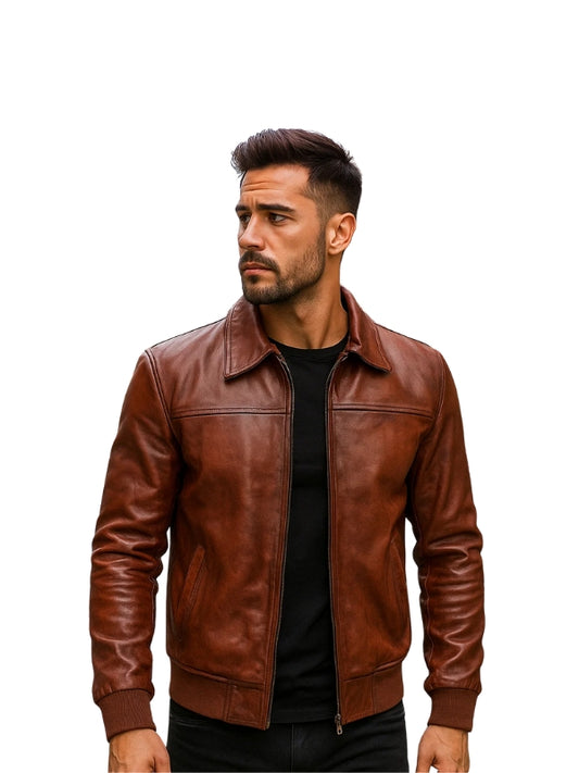 Cognac Brown Shirt Style Bomber Leather Jacket