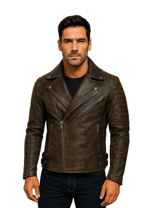 Distressed Biker Brown Leather Jacket
