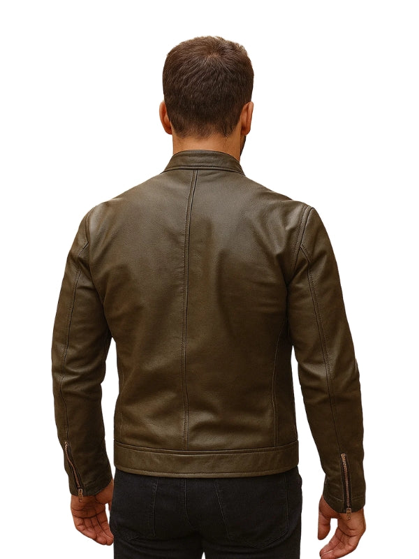 Man wearing a brown leather jacket on a white background