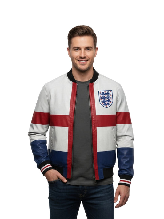 Man wearing a jacket with England flag design on a white background