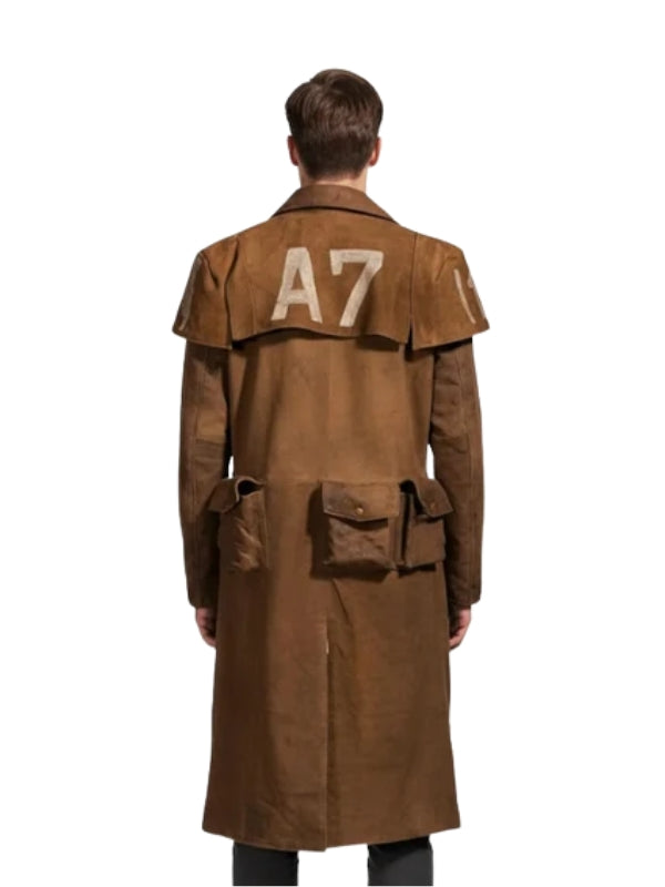 Brown trench coat with 'A7' on the back worn by a person on a white background