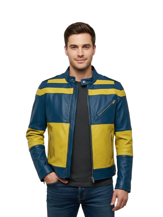 Man wearing a blue and yellow leather jacket on a white background