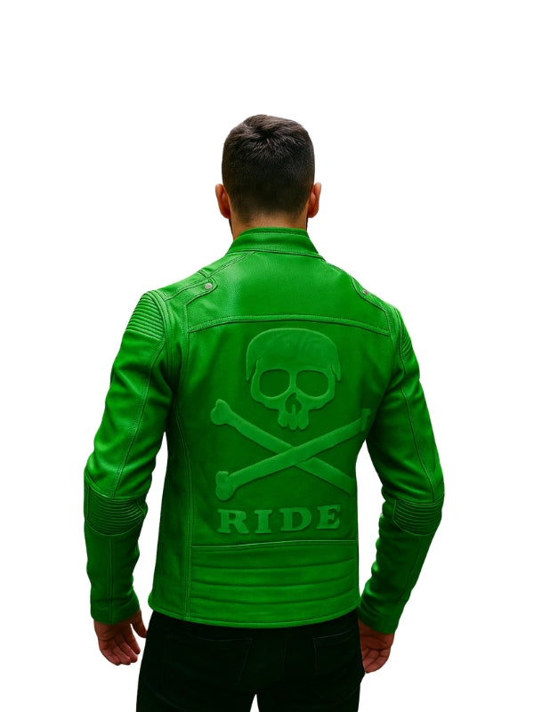 Men's Green Motorcycle Jacket with Skull