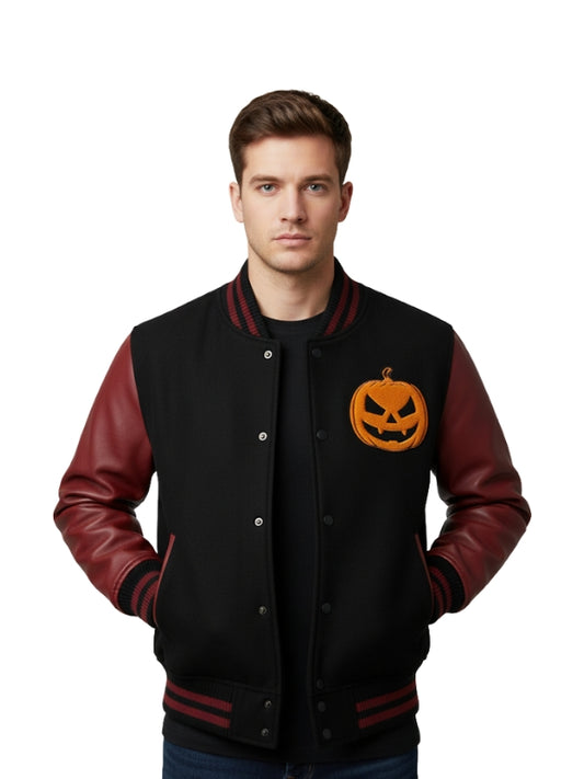 Man wearing a black varsity jacket with red sleeves and a pumpkin design on a white background