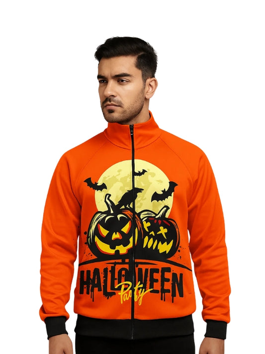 Man wearing an orange Halloween-themed jacket with pumpkins and bats design.