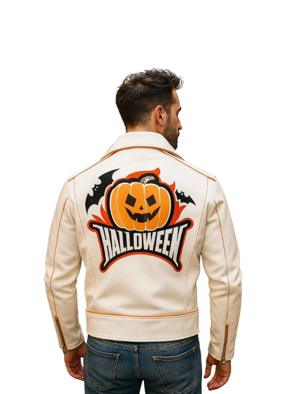Halloween Pumpkin Asymmetrical White Biker Jacket