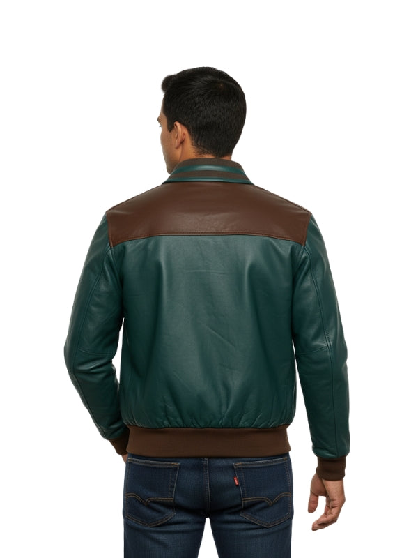 Man wearing a green and brown leather jacket on a white background