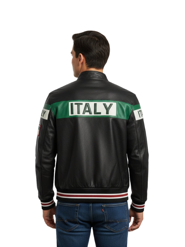 Black leather jacket with 'ITALY' on the back, worn by a person on a white background