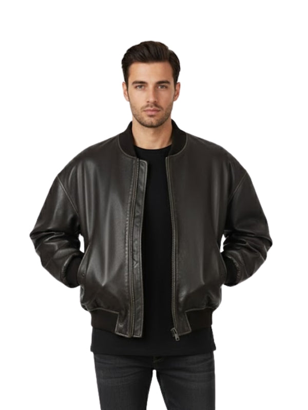 Man wearing a black leather bomber jacket on a white background