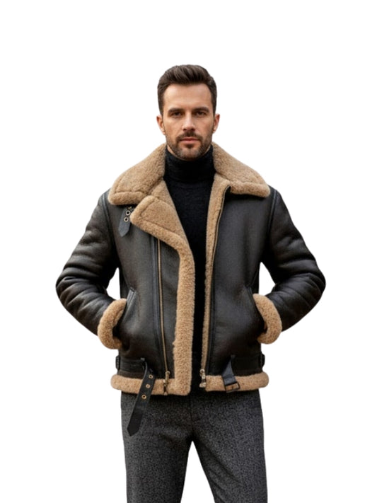 Men's Aviator Flying Raf Belted B3 Shearling Black Bomber Jacket