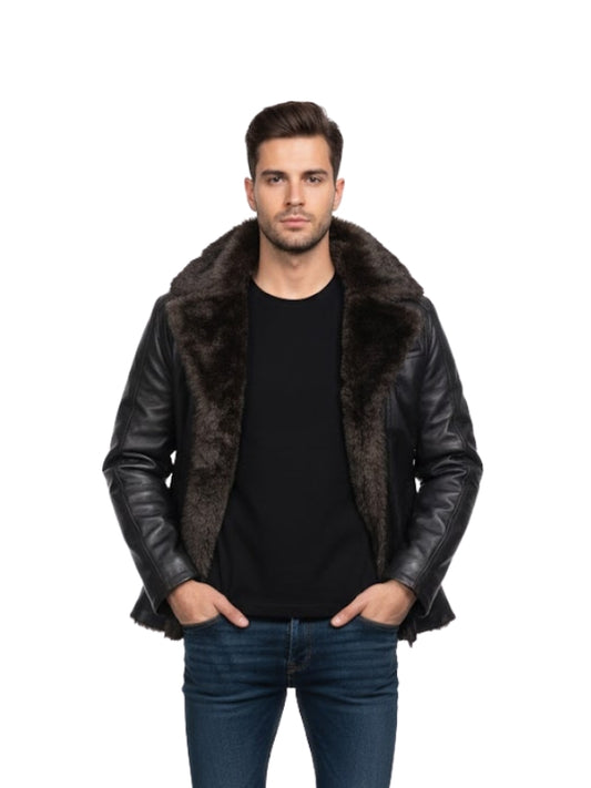 Men's Aviator Sheepskin With Faux Fur Black Bomber Jacket