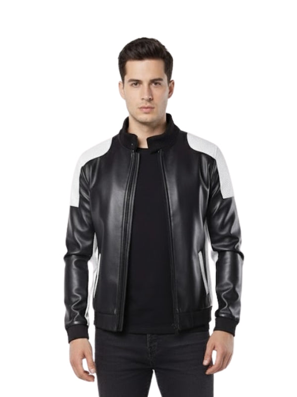Man wearing a black leather jacket with white accents on a white background