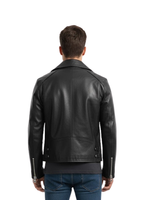 Men's Black Cross Zipper Biker Leather Jacket