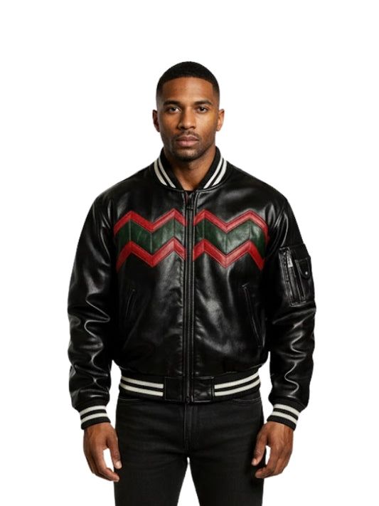 Man wearing a black leather jacket with red and green chevron pattern on a white background