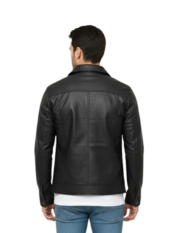 Man wearing a black leather jacket on a white background