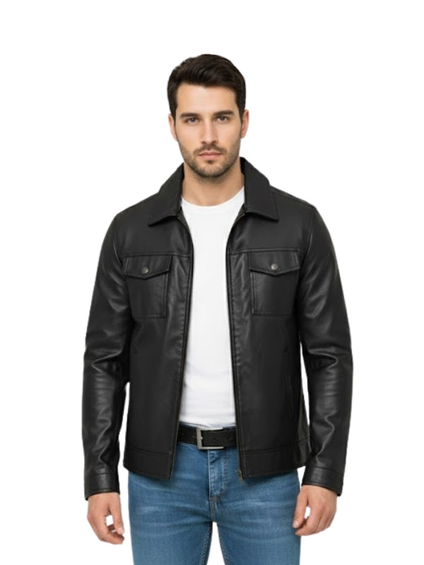 Man wearing a black leather jacket over a white shirt on a white background
