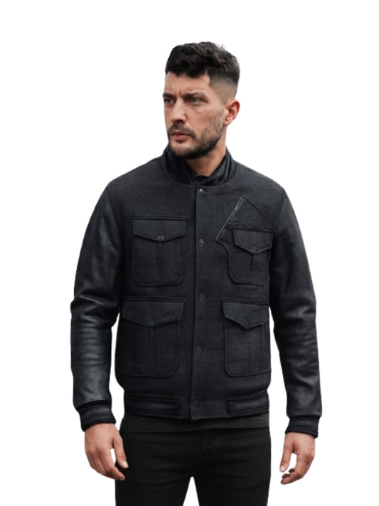 Man wearing a black jacket on a white background