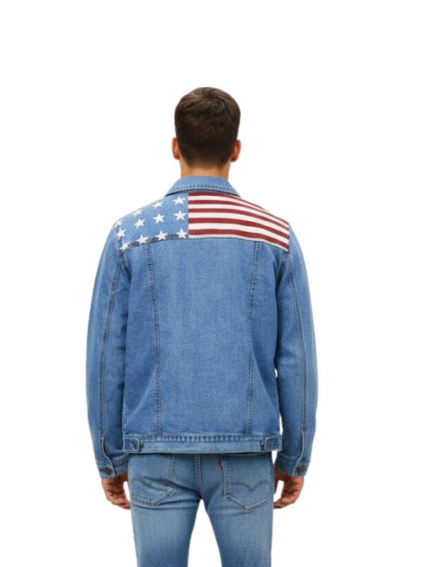 Men's Blue Viscose Lining American Flag Denim Jacket