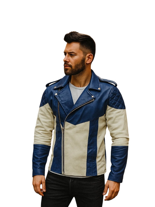 Man wearing a blue and beige leather jacket on a white background