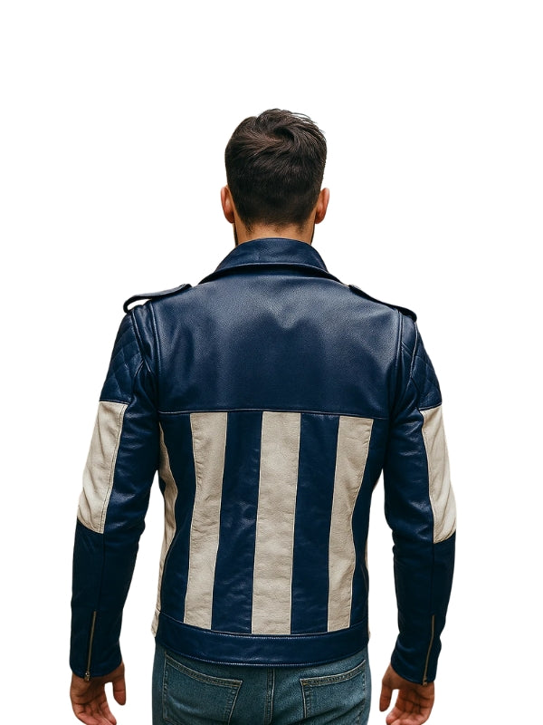 Man wearing a blue and beige leather jacket with a white background