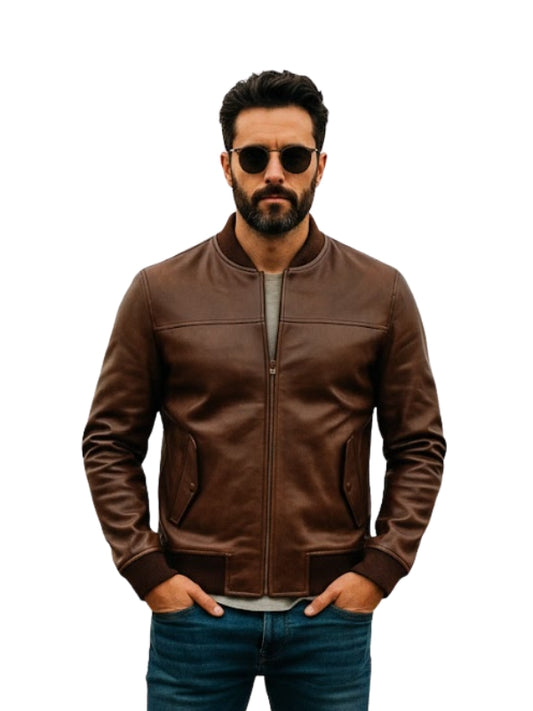 Man wearing a brown leather jacket and sunglasses on a white background