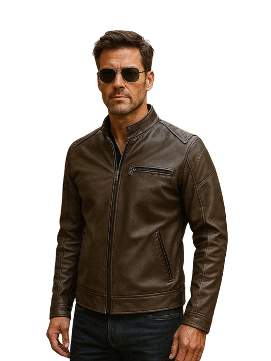 Man wearing a brown leather jacket and sunglasses on a white background