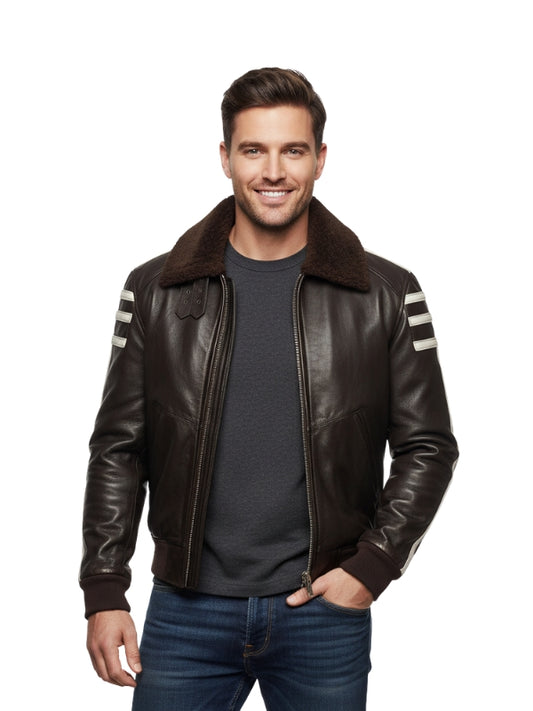 Man wearing a brown leather jacket with fur collar on a white background