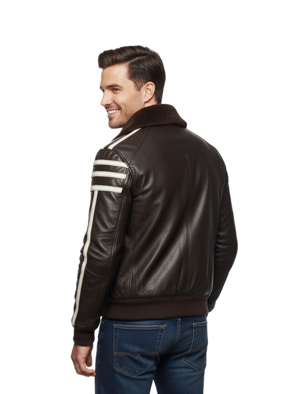 Man wearing a brown leather jacket with white stripes on a white background