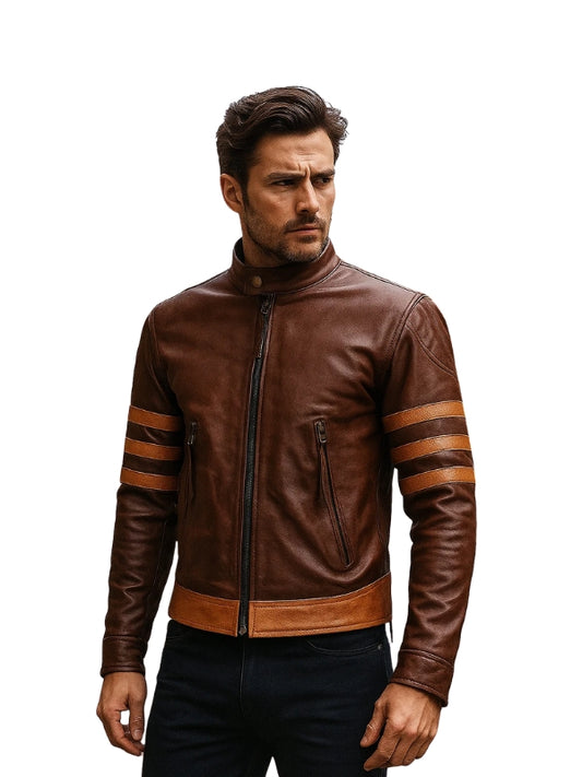Man wearing a brown leather jacket with striped sleeves on a white background