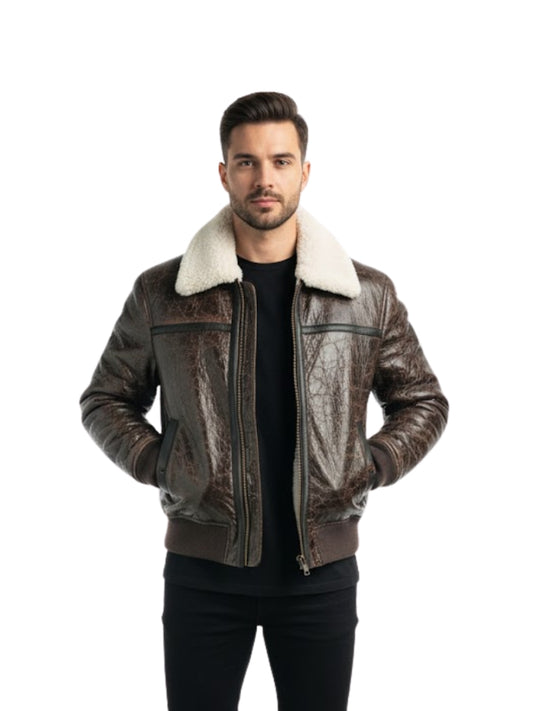 Men's Brown Shearling Raf Aviator Bomber Leather Jacket