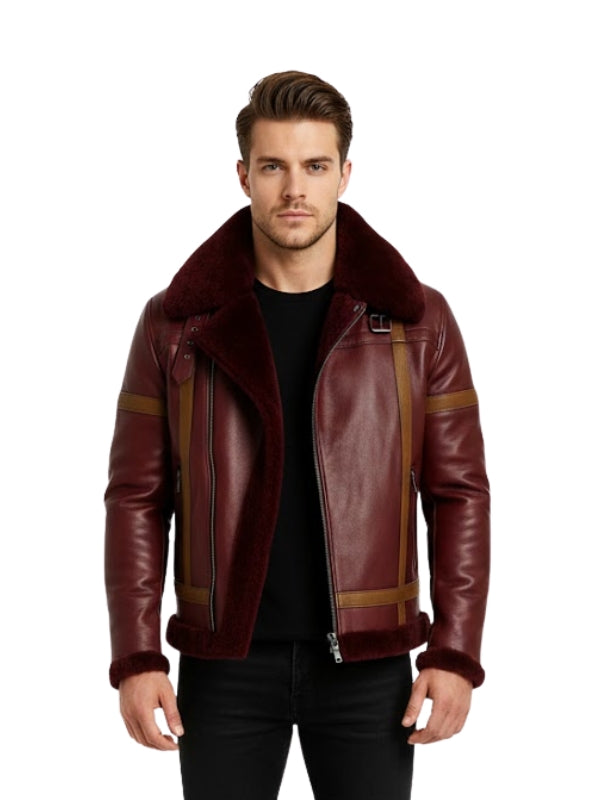Man wearing a maroon leather jacket with fur collar on a white background